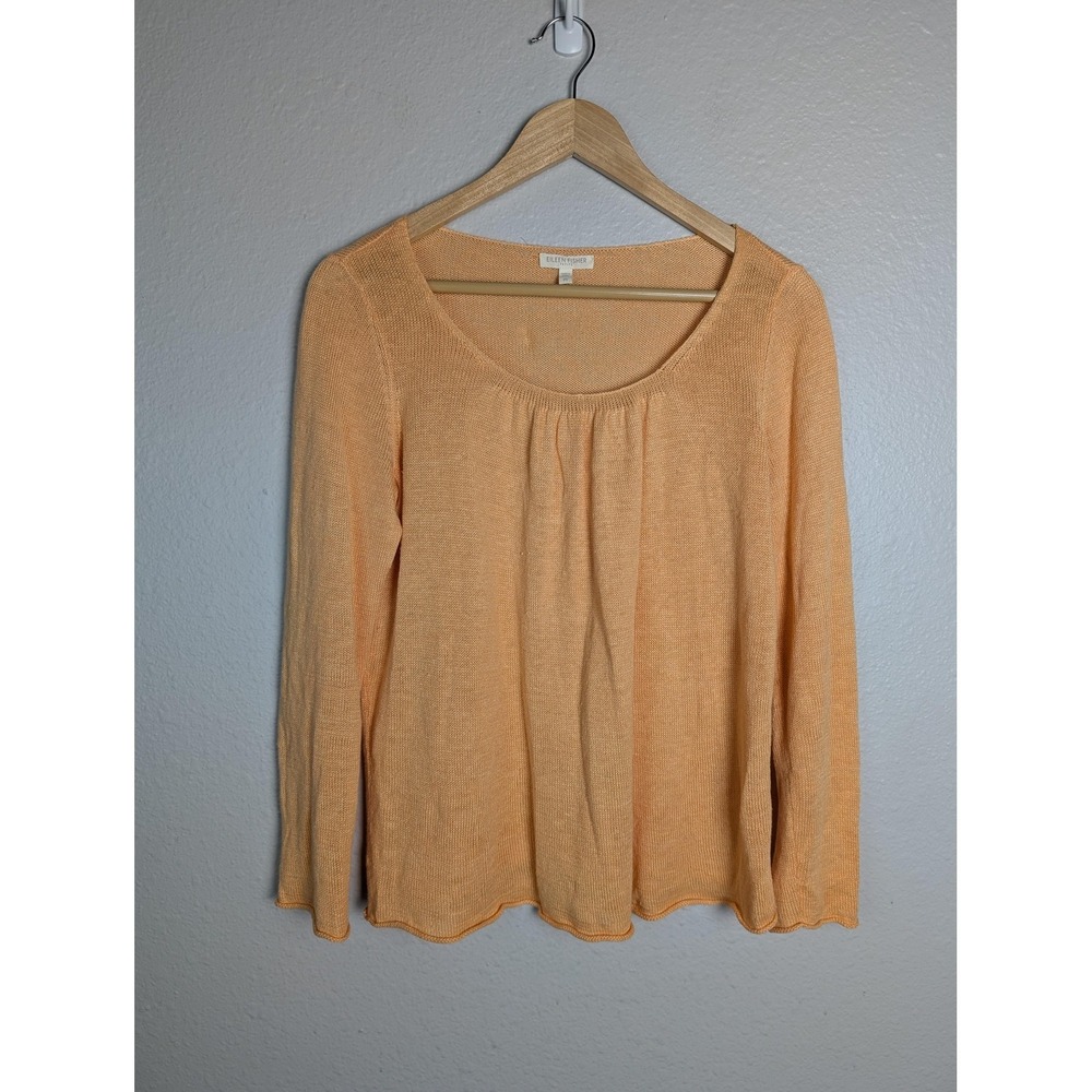 Eileen Fisher Sweater Pullover Womens PS Orange‎ Scoop Neck Lightweight Linen